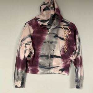 JUSTICE ACTIVE GIRLS PURPLE / PINK TIE DYE CROP ZIP FRONT HOODIE SIZE 8